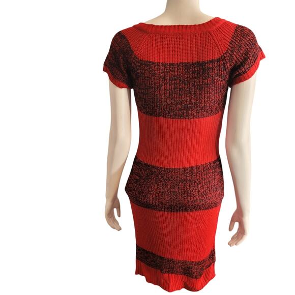 Red Blk Striped Sweater Dress L Bodycon Knit Short Sleeve Siren Coquette Holiday - Picture 6 of 9